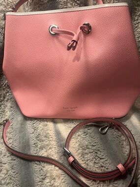 kate spade Pink Pebbled Leather Drawstring Bucket Bag with Removable Strap